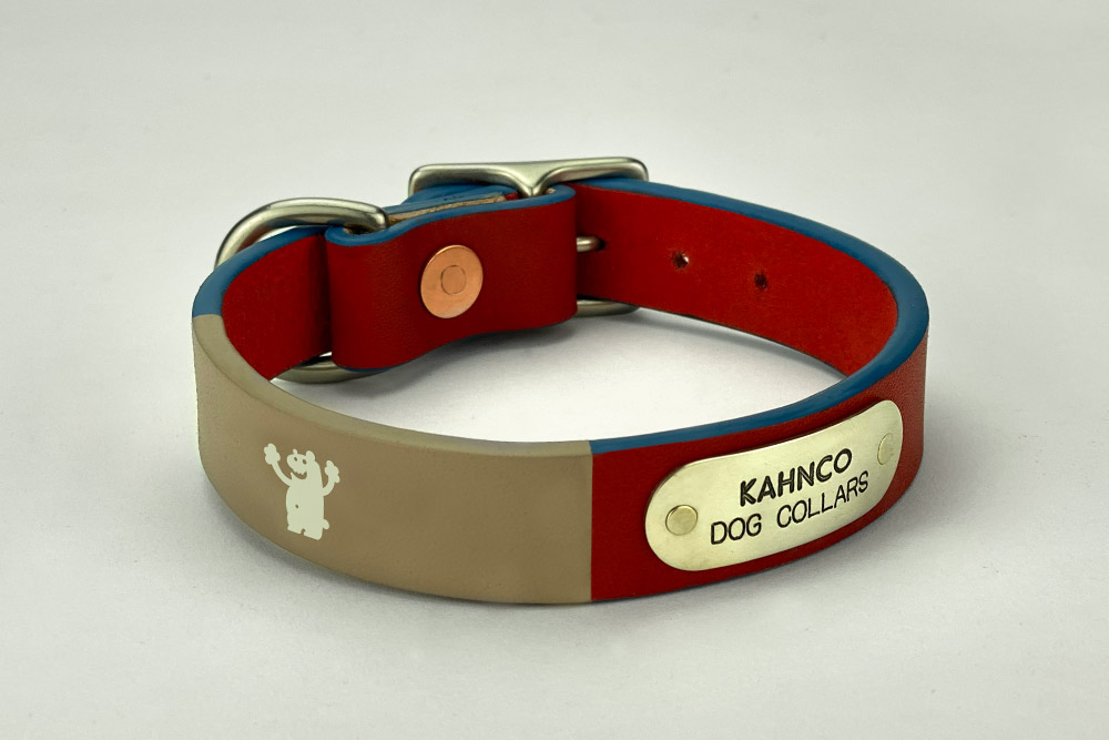 #10. Red leather, sandstone band, silver bear, peacock blue edge and satin nickel hardware. Shown in 3/4” width.