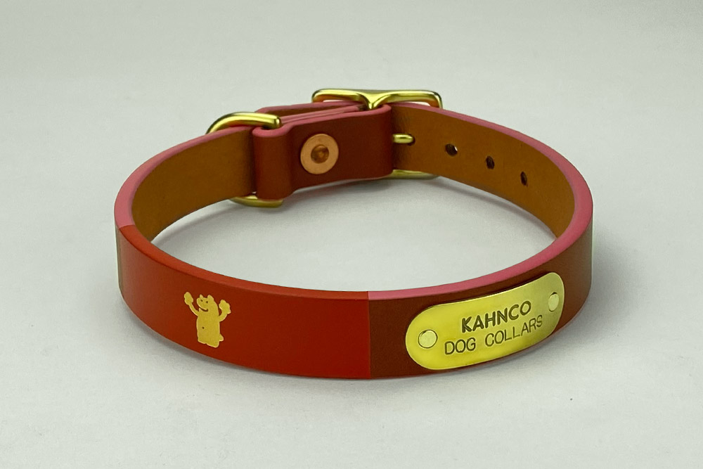 #12. Chestnut leather, coral band, gold bear, pink edge and brass hardware. Shown in 3/4” width.