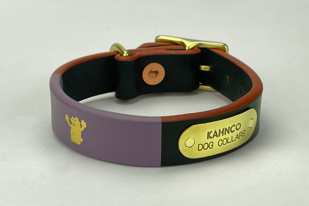 #3. Black leather, violet band, gold bear, coral edge and natural brass hardware. Shown in 3/4” width.