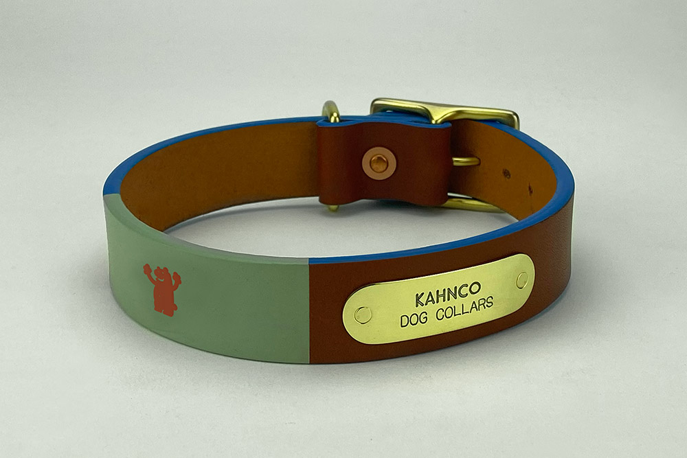 #5. Chestnut leather, grey band, red bear, super blue edge and brass hardware. Shown in 1” width.