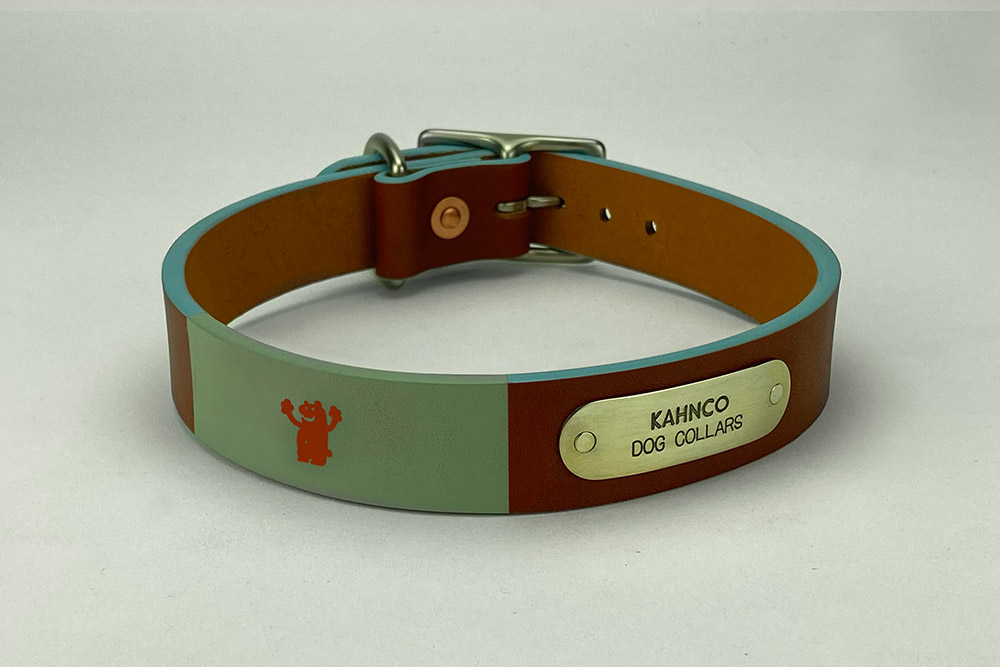 #8. Chestnut leather, grey band, red bear,robin egg blue edge and satin nickel hardware. Shown in 1” width.