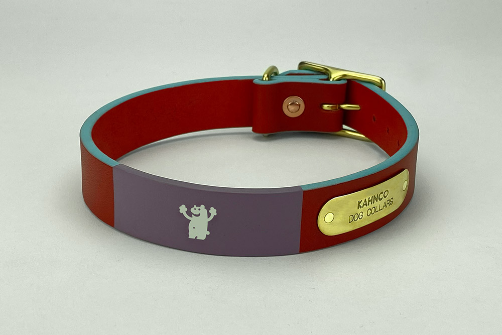 #9. Red leather, violet band, silver bear, robin egg blue edge and natural brass hardware. Shown in 1” width.