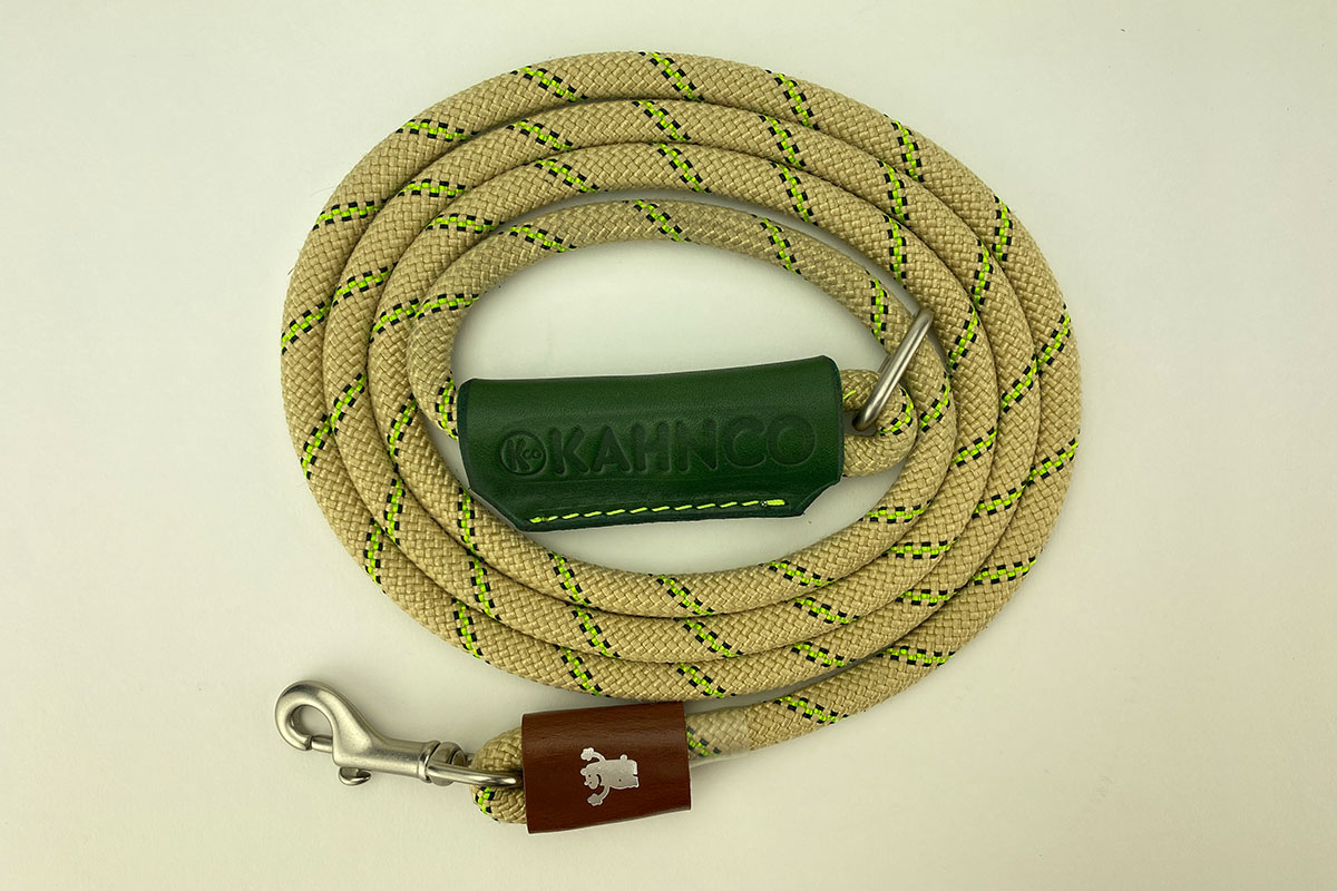 #1. Natural with neon stripe rope, green leather handle and satin Nicklel hardware.