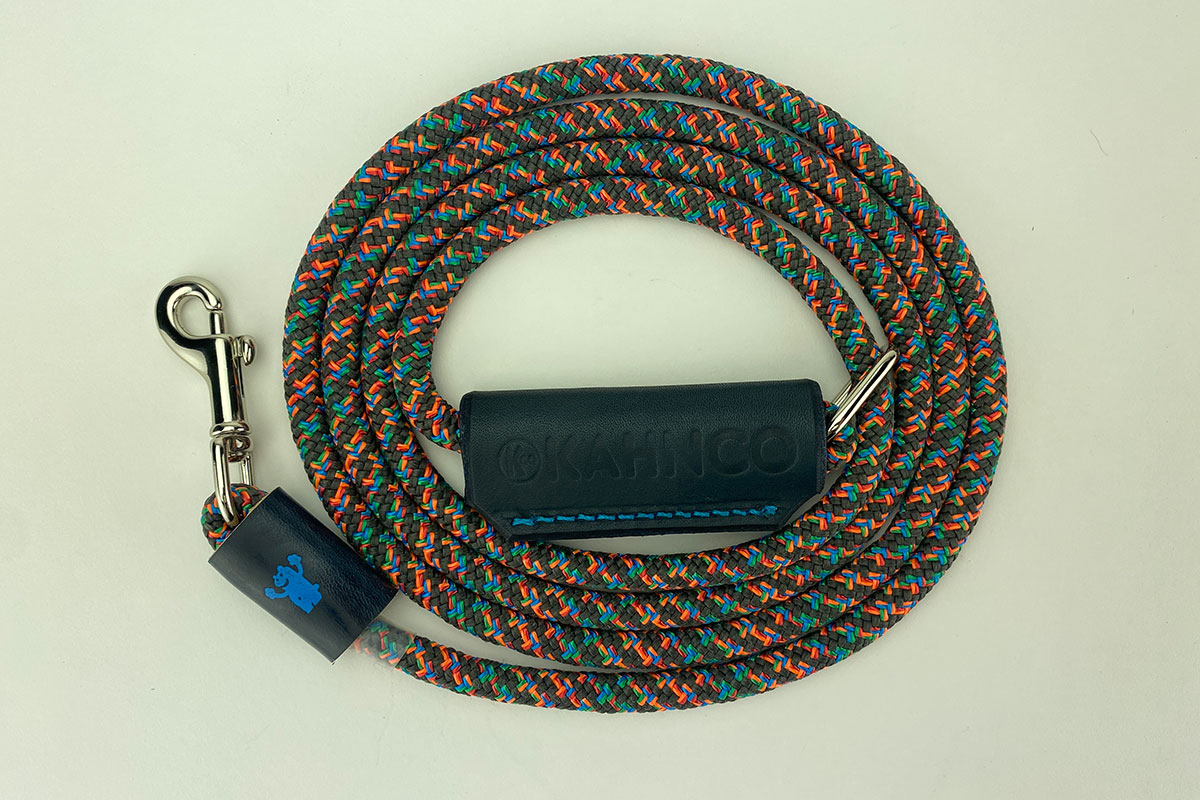 #2. Up-cycled multi colored rope, blue leather handle and polished Nickel hardware.