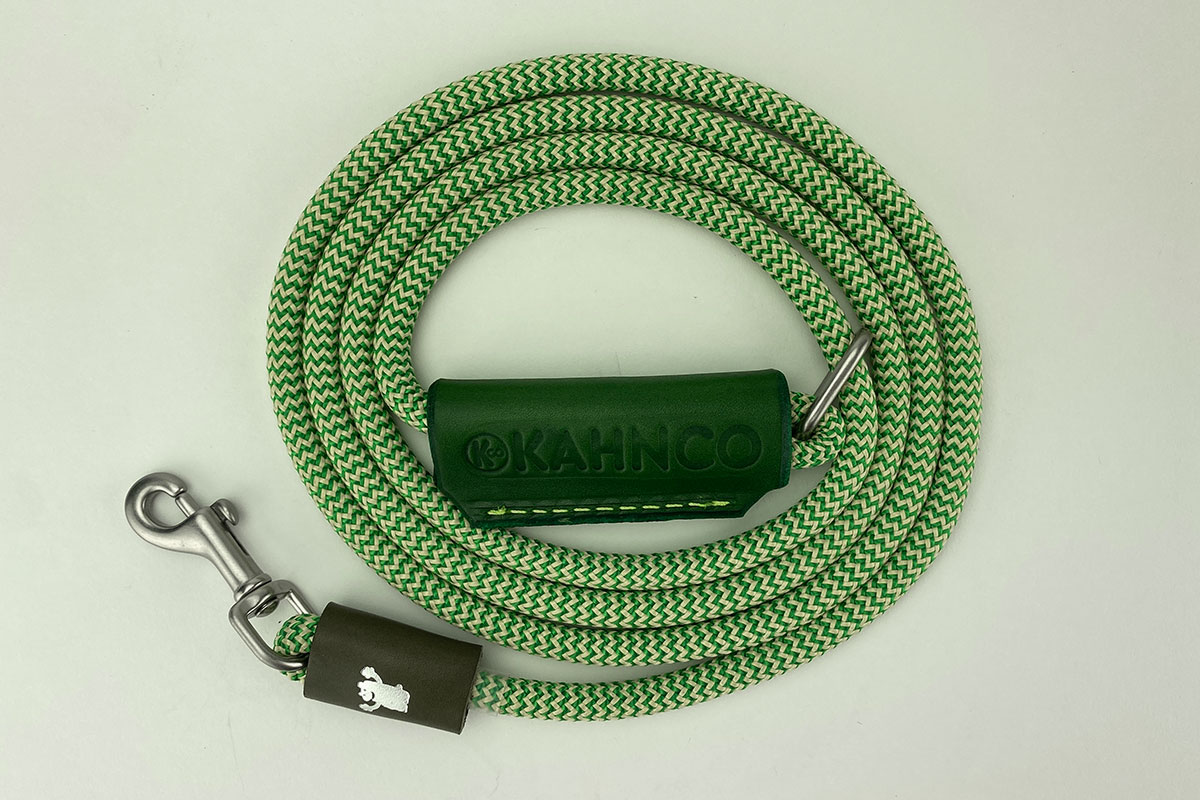 #3. Green and natural rope, green leather handle with satin Nickel hardware.
