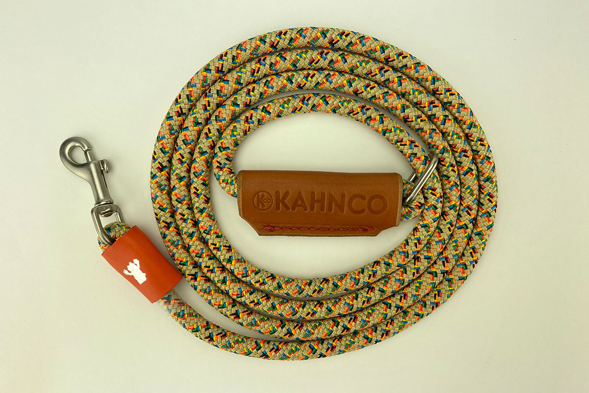 #4. Up-cycled multicolor rope with tan leather handle and satin Nickel hardware.