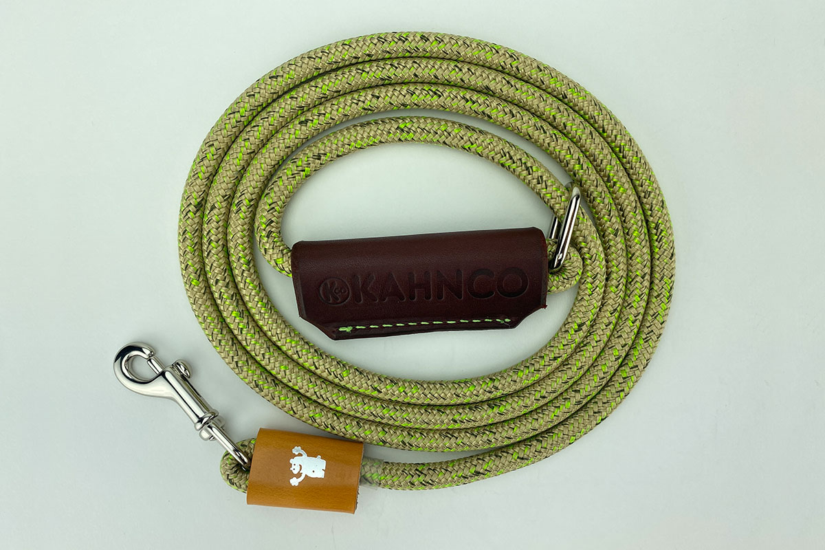 #7. Natural and neon green flecked rope with burgundy leather handle and satin Nickel hardware.
