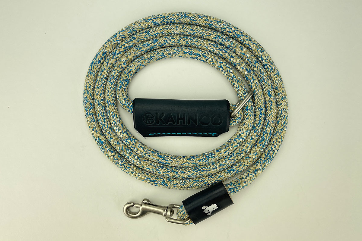 #9. Natural and blue rope with blue leather handle and satin nickel hardware.
